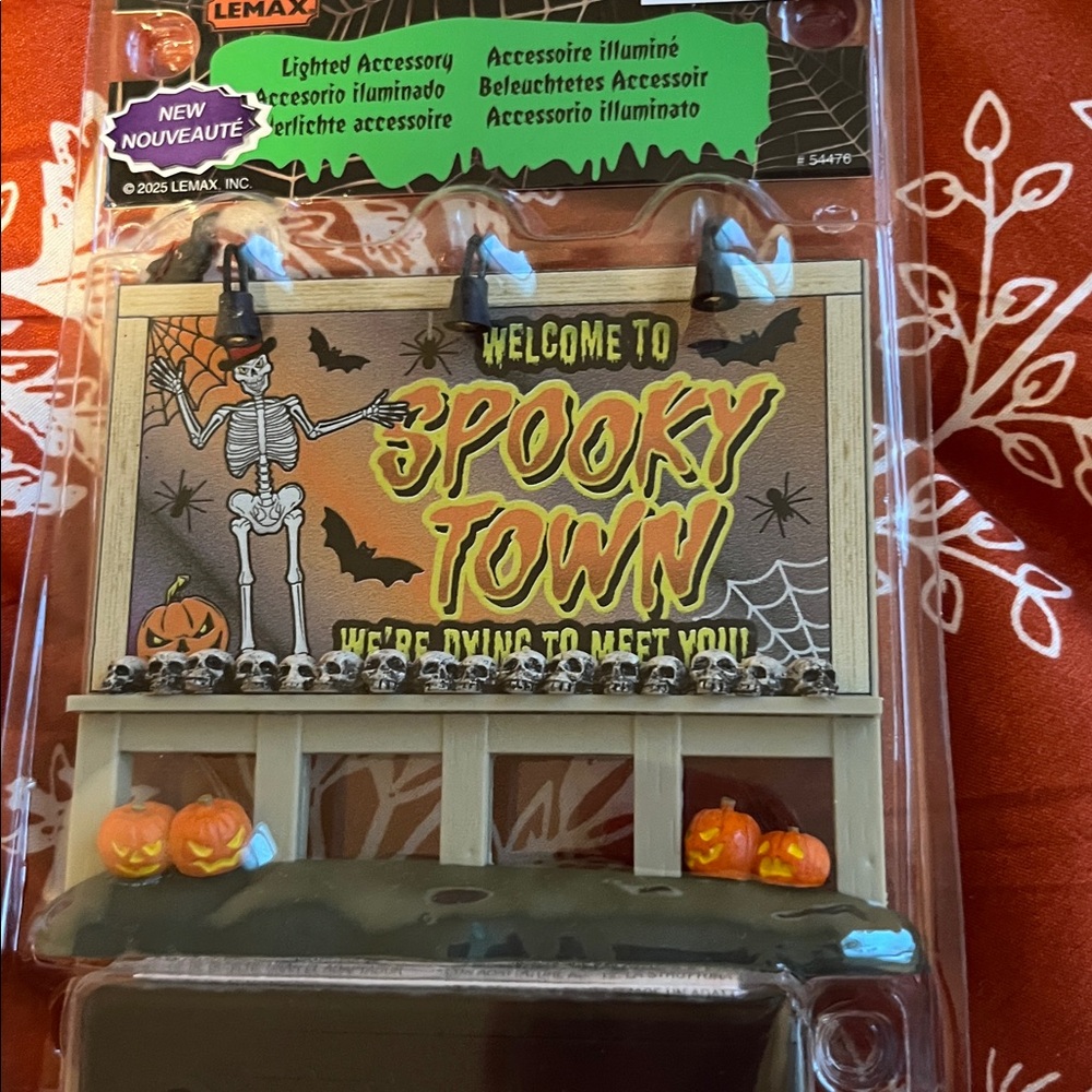 Lemax Spooky Town Skeleton Sign with Pumpkins